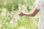Rear view of a teenager girl standing in a field of tall grass